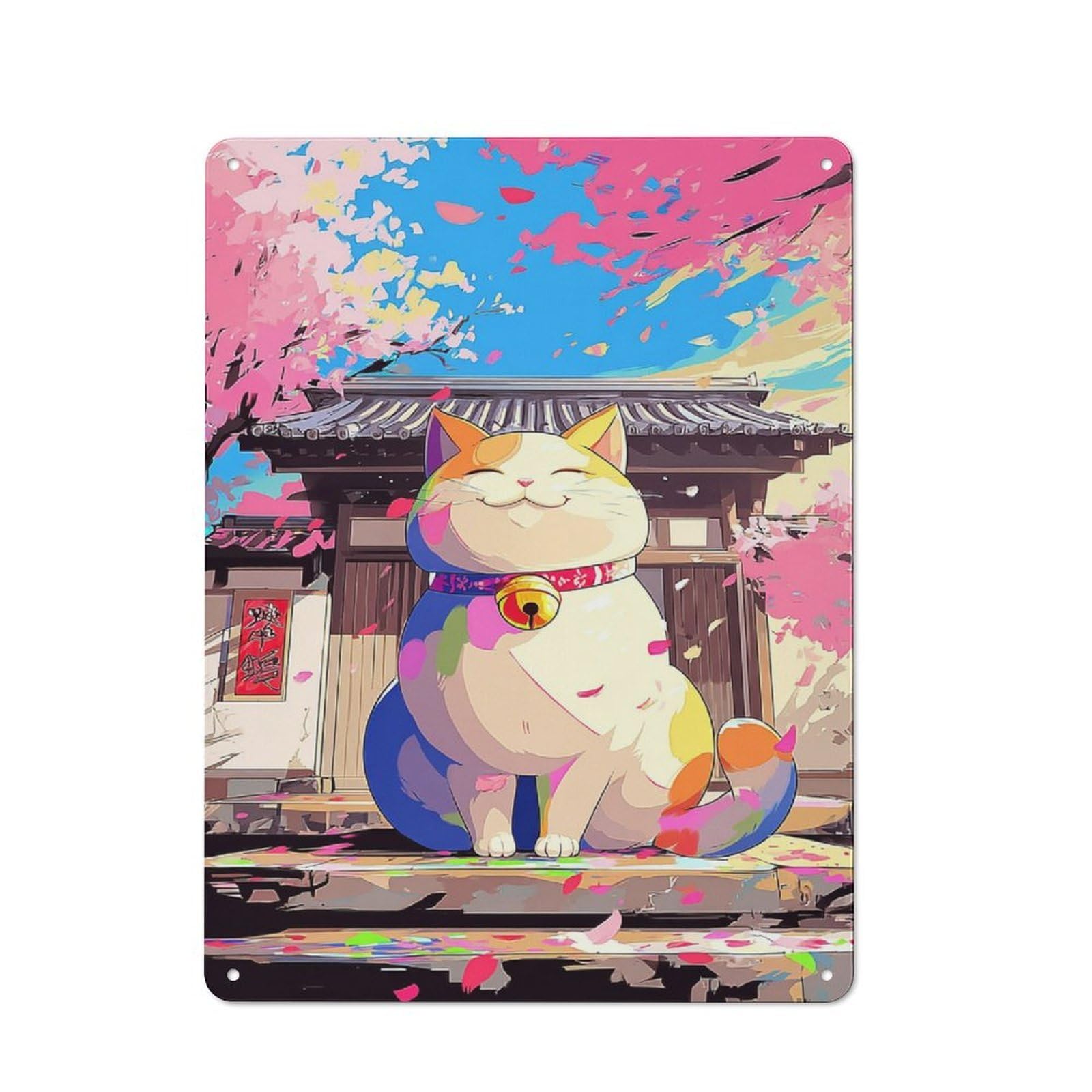 Junmoney Cherry Blossom Fortune Cat -1 Character Decorative Tin Plaque 40X30cm Featuring Small Space Decor For Bedroom, Kitchen, Office Or Living Room