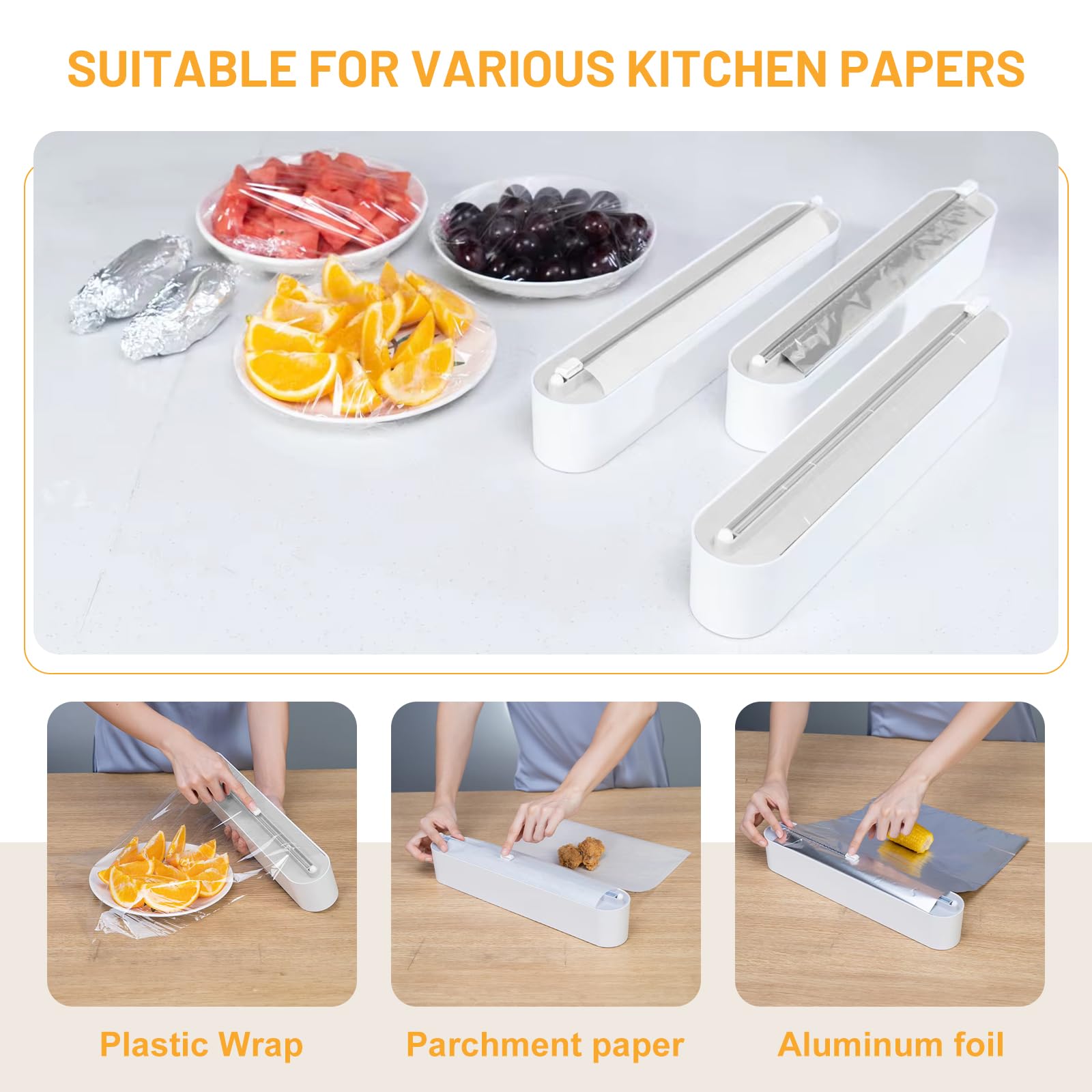 DBREAKS Dispensador Papel Aluminio y Film, Organizador Papel Aluminio y Film, Cortador de Film Transparente, Dispensador de Film de Cocina con 50m Film Transparente,Blanco