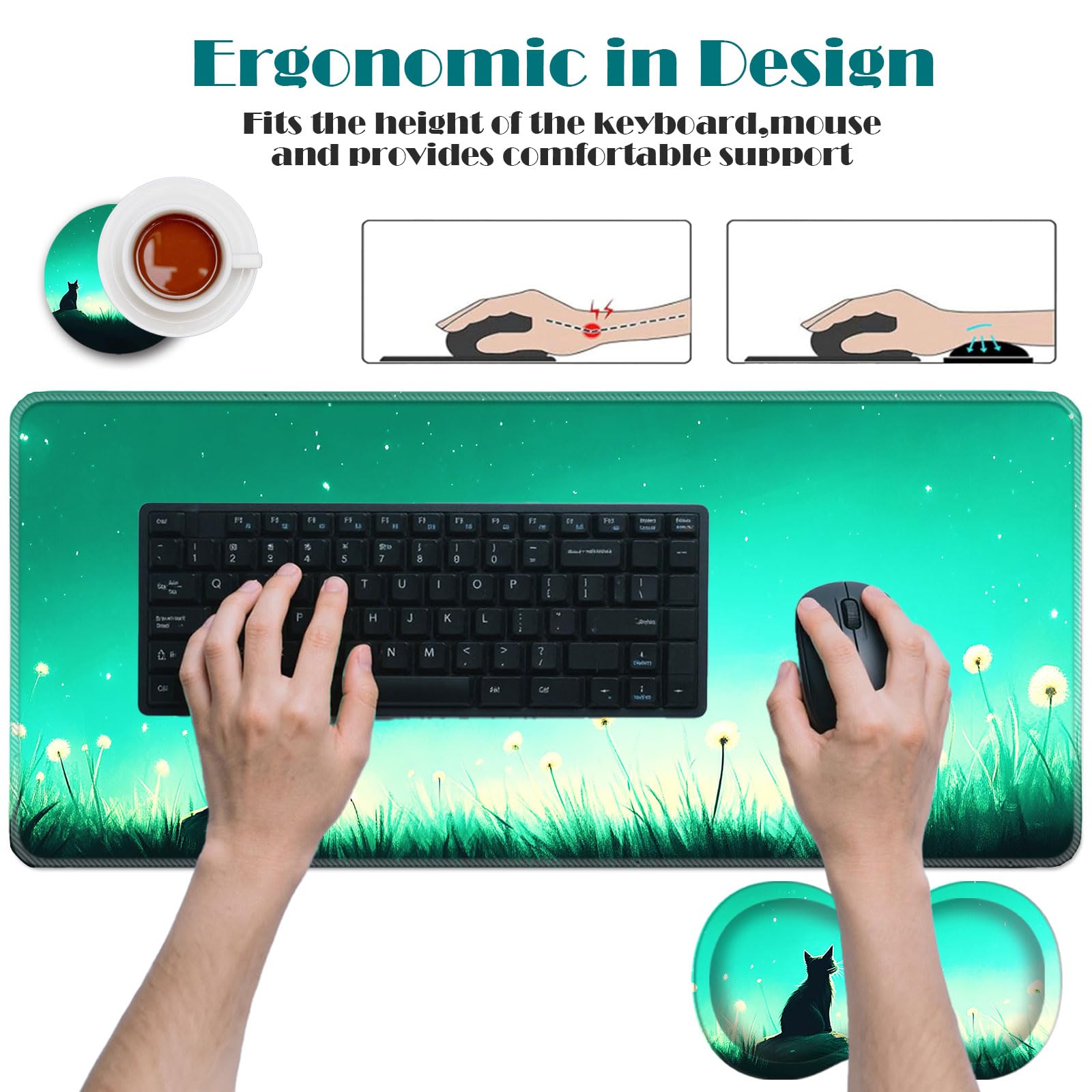 Lot de 3 tapis de souris avec support de poignet de souris et dessous de verre, tapis de souris ergonomique et antidérapant en mousse à mémoire de forme, accessoires de bureau pour la maison