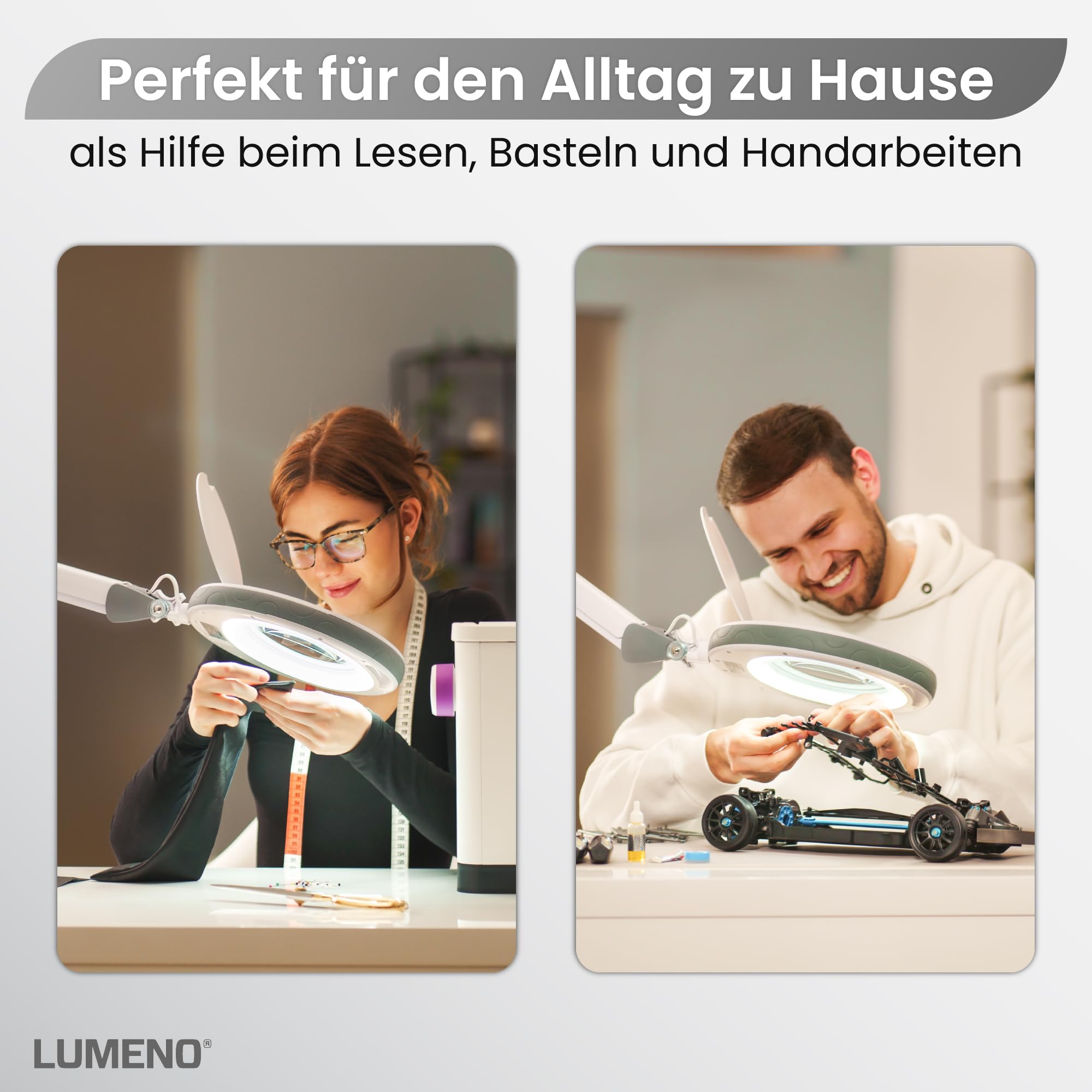Lumeno dimmbare LED Lupenleuchte 8515GR 152 mm Echtglaslinse 5 Dioptrien einstellbare Helligkeitsstufen Grau