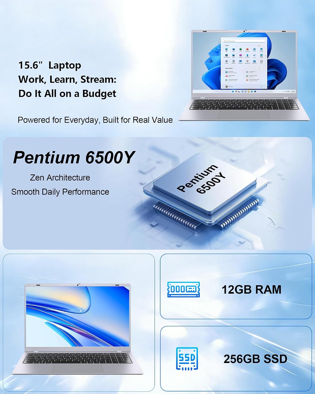 15.6 Inch Laptop Computer, 12GB RAM 256GB SSD Lap Top, Pentium 6500Y Processor (Up to 3.4GHz), FHD Display, Fast Charging, Long Battery Life, Laptop for Business Home Student 3 71PZjKql2CL. AC SL1500