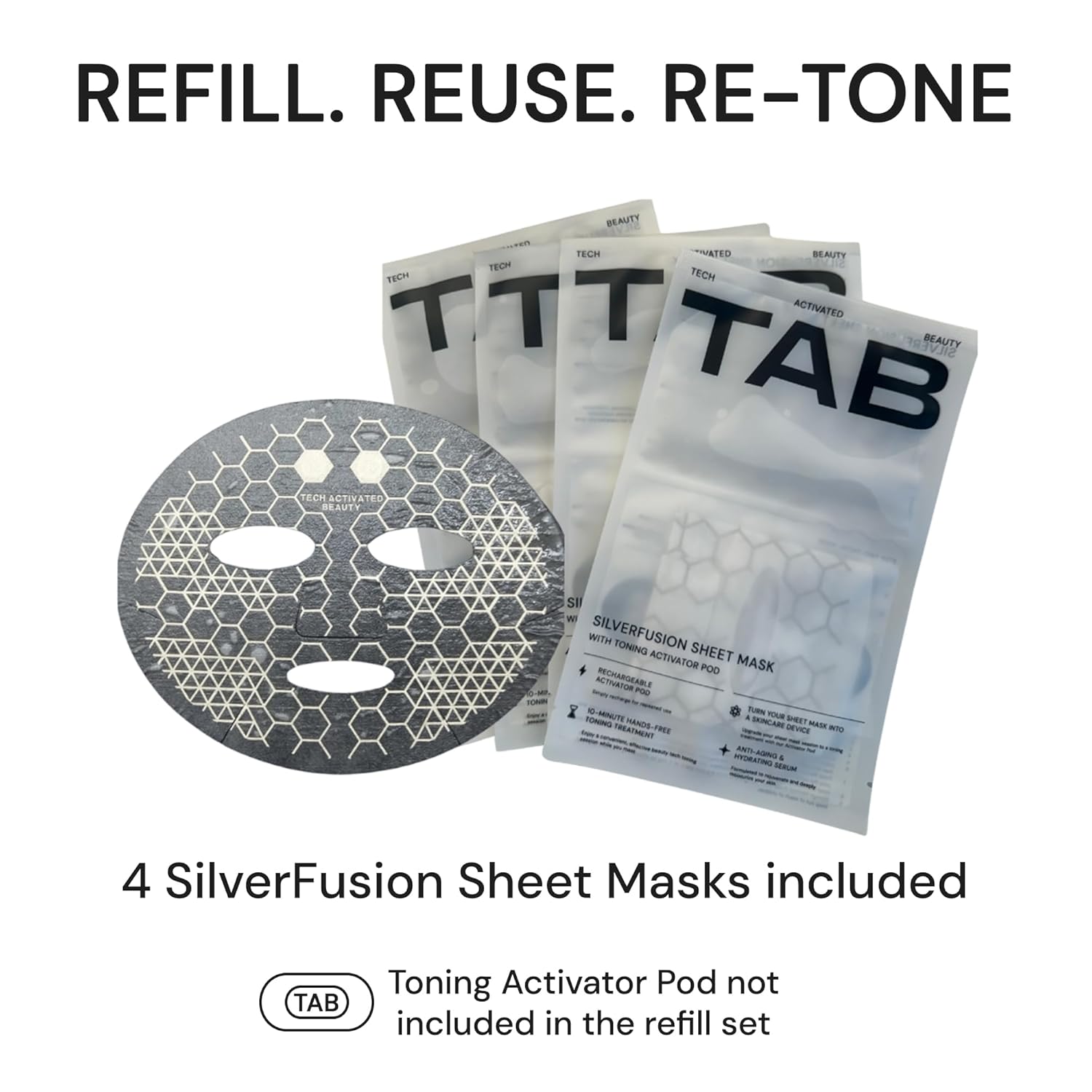 TAB SilverFusion Sheet Mask Refill Pack, Silver-Infused Face Mask Set, Hydrating Sheet Masks for Men & Women, Use with Toning Activator Pod, Pack of 4