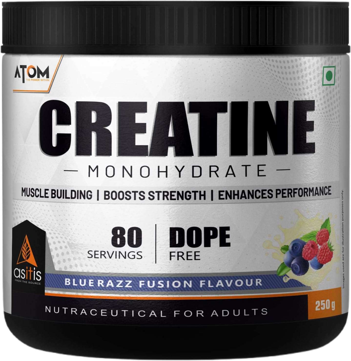 Asitis Nutrition AS-IT-is Atom Creatine Monohydrate 250g/8.8 Oz - 80 Servings | Dope Free | Enhances Performance | Promotes Muscle Gains | Blue Razz Flavour Gluten-Free Refreshing Flavoured