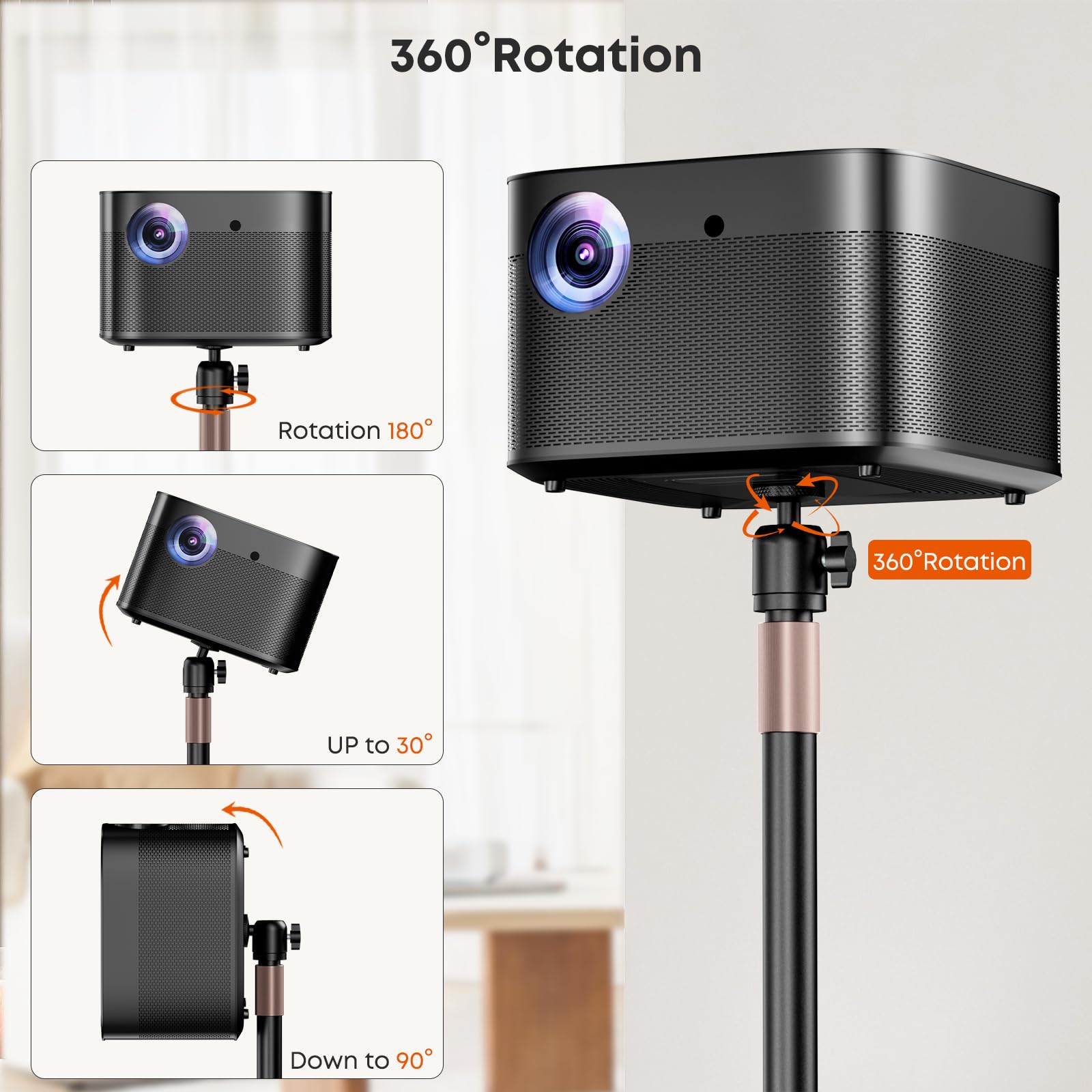 Soporte para Proyector Universal – Pie de Proyector Ajustable en Altura, Carga 5 kg, con Rótula 360° y Rosca 1/4" para Videoproyector, Cámaras – Ideal para Cine en Casa, Teletrabajo y Sala de Estar