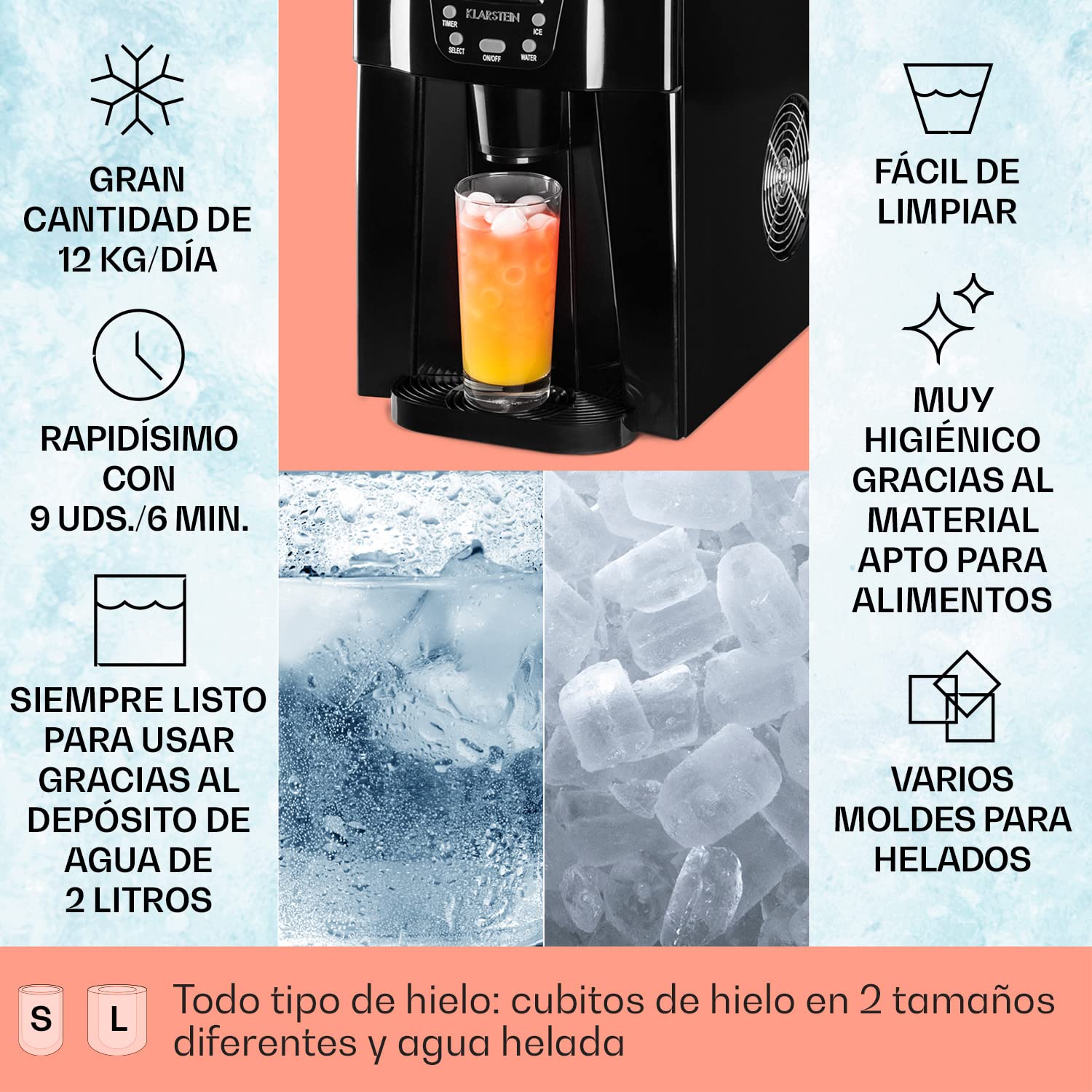Klarstein Maquina de Hielo para Encimera, Maquina Hacer Cubitos de Hielo Domestica, Producción 12 kg., Depósito Agua Capacidad 2 l. Dispensador Agua Fría, Ice Maker Sobremesa, Máquina Cubitos de Hielo