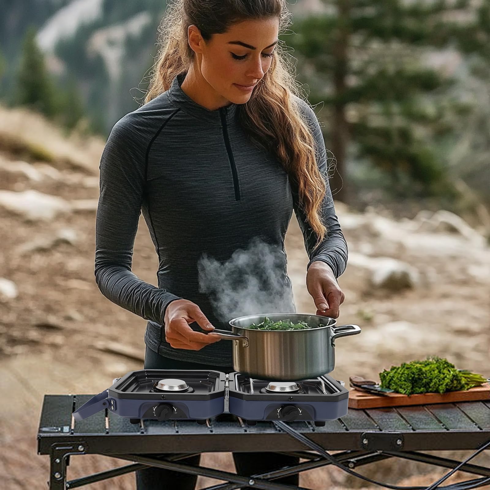 Camp Stove Propane, 2 Burner Folding Propane Camping Stove With Carrying Bag, Adjustable High Heat Burners & Piezo Push-Button Instant Ignition, Outdoor Tailgating, Backyard BBQ Camping Essentials