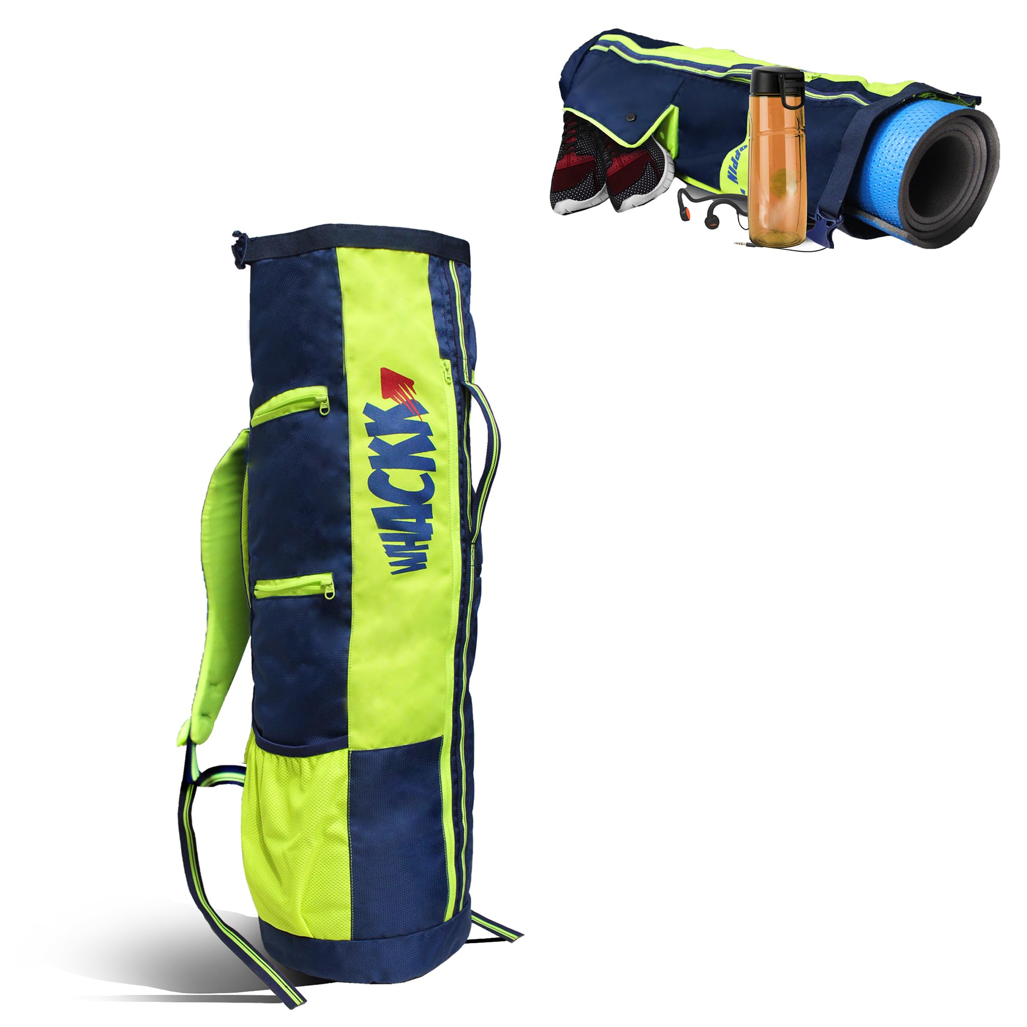 Whackk Brute Unisex Yoga Aerobics Gym Mat Bags Air Ventilated Pocket for Shoes, Front & Top Open, Carry Way with 3-Way Options i.e. Backpack, Holdall or with a Loop (Navy Blue F.Green)