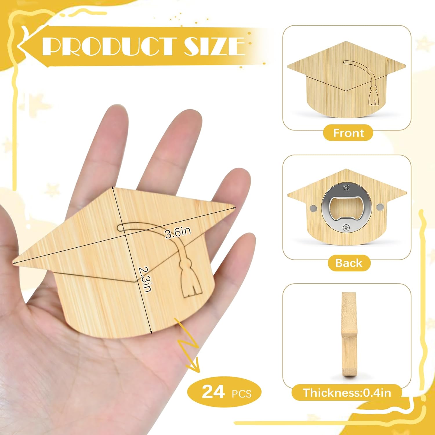 24 Pcs Magnetic Bottle Openers 3.5in Wooden Graduation Cap Shaped Beer Openers Wood Fridge Magnets Unique Class of 2026 Bottle Opener Gift for Beer Lover Senior College Graduation Party Favors