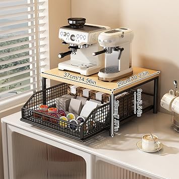 Countertop Organizer for Kitchen, Double Layer Kitchen Microwave Stand with Wood Countertop, Space-Saving Design Featuring Drawer& Wire Basket-Sturdy Hardwood Shelf for Coffee Maker (A)