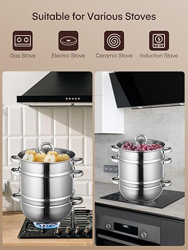 Miniatura 4 de FOHERE Exprimidor de vapor de 11 cuartos de galón, acero inoxidable, olla vaporera para frutas y verduras con tapa de vidrio, manguera, abrazadera