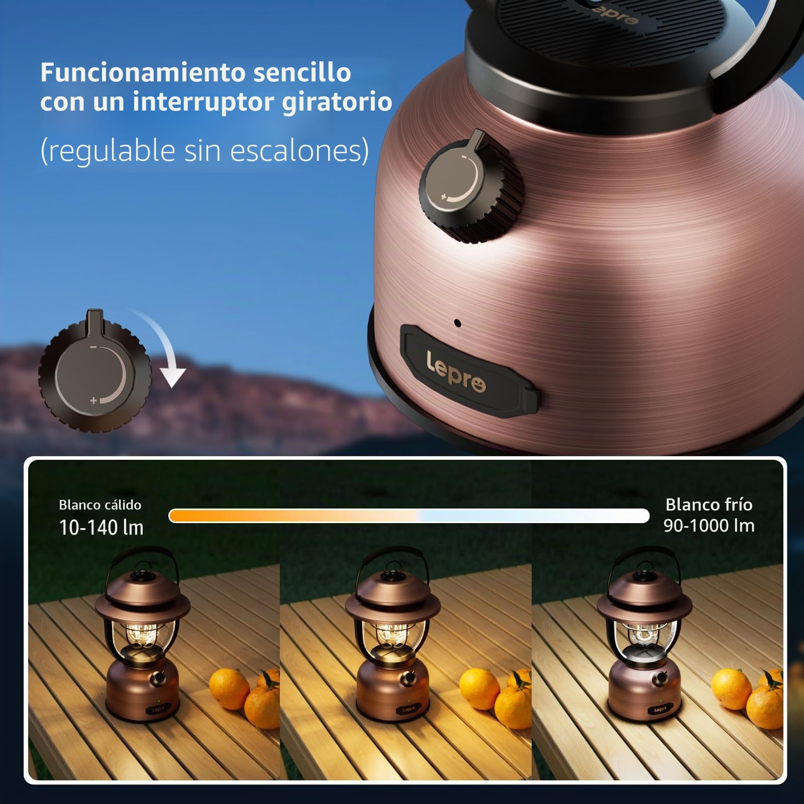 Lepro Linterna de Cámping Recargable Retro 1000 LM | Regulable, 2500K Blanco Cálido y 5000K Blanco Frío para Cámping y Picnic, Iluminación Interior y Decorativa, Emergencias