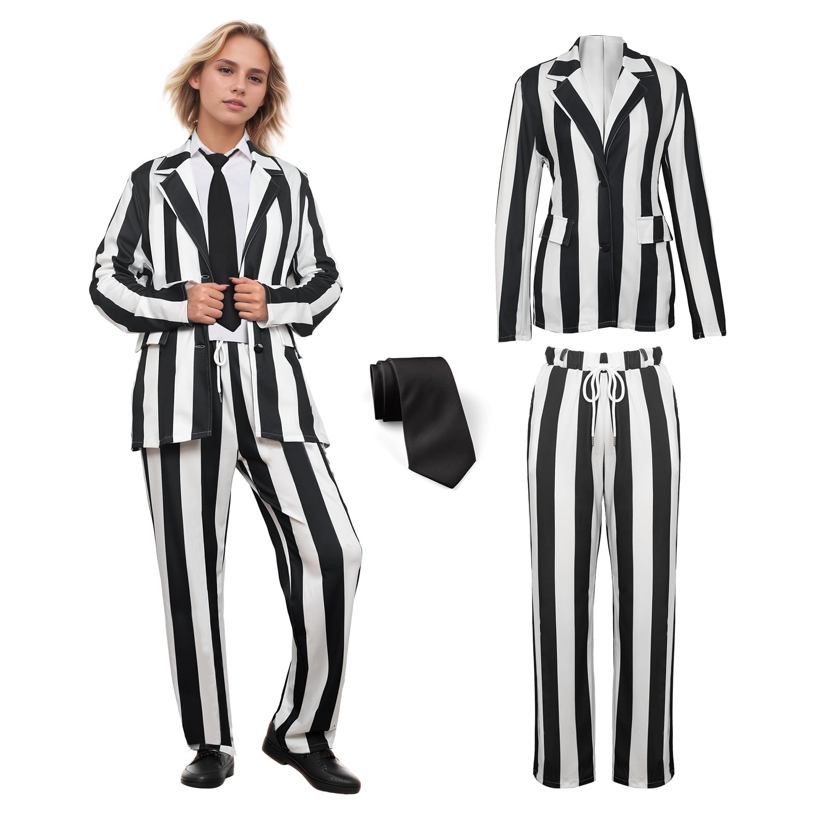 AKFJDLAD Women Long Sleeves Black and White Striped Suit Horror Costume Cosplay Halloween Blazer Length Pant Outfit with Tie (3XL)