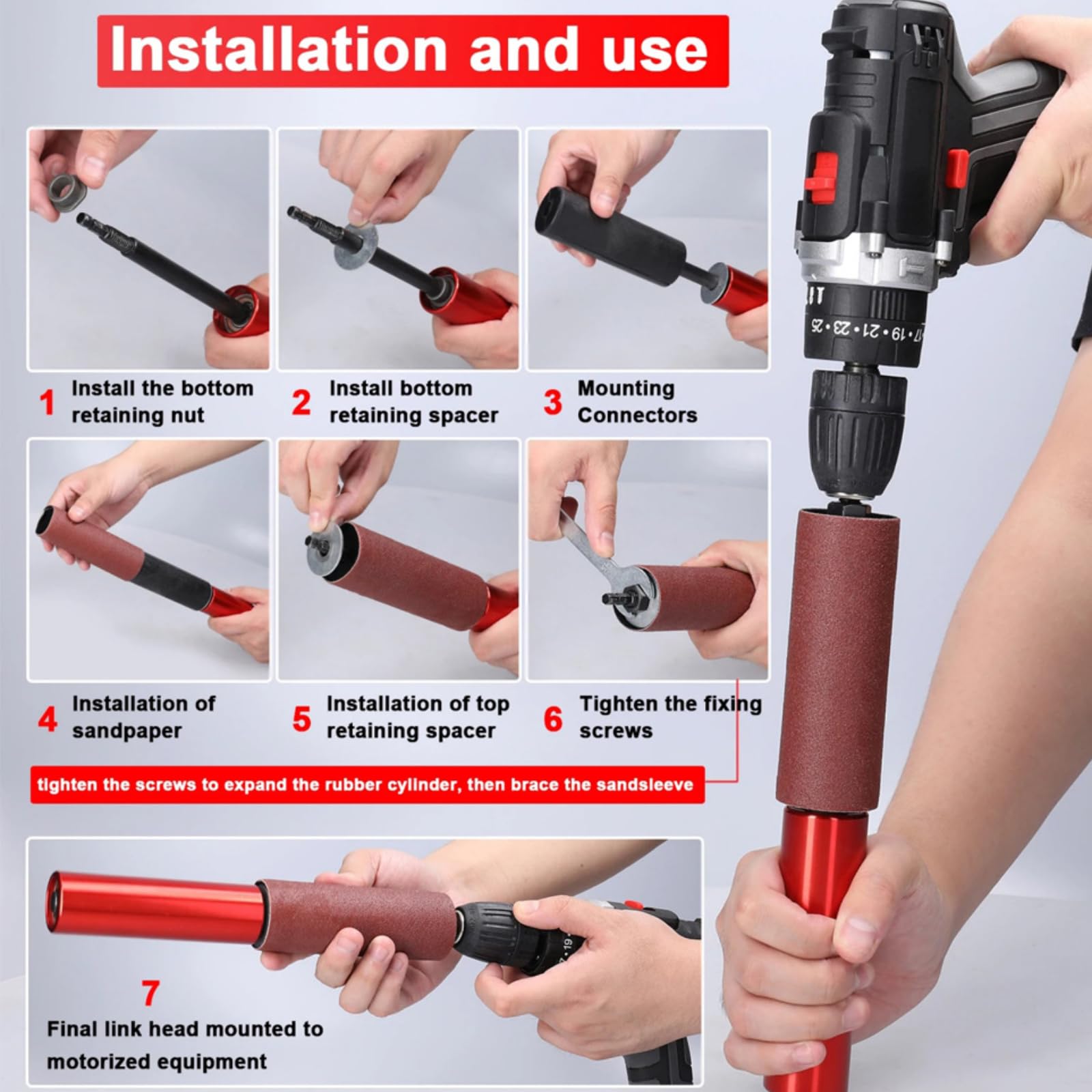 Spindelschleifer Adapter, Handgeführte Gummi Schleiftrommel Set FüR Bohrmaschinen, Spindel Schleifer Adapter Schleifwalzen Bohrer-Schleifdorn Spindelschleifer-Adaptor Mit 10 SchleifpapierhüLsen