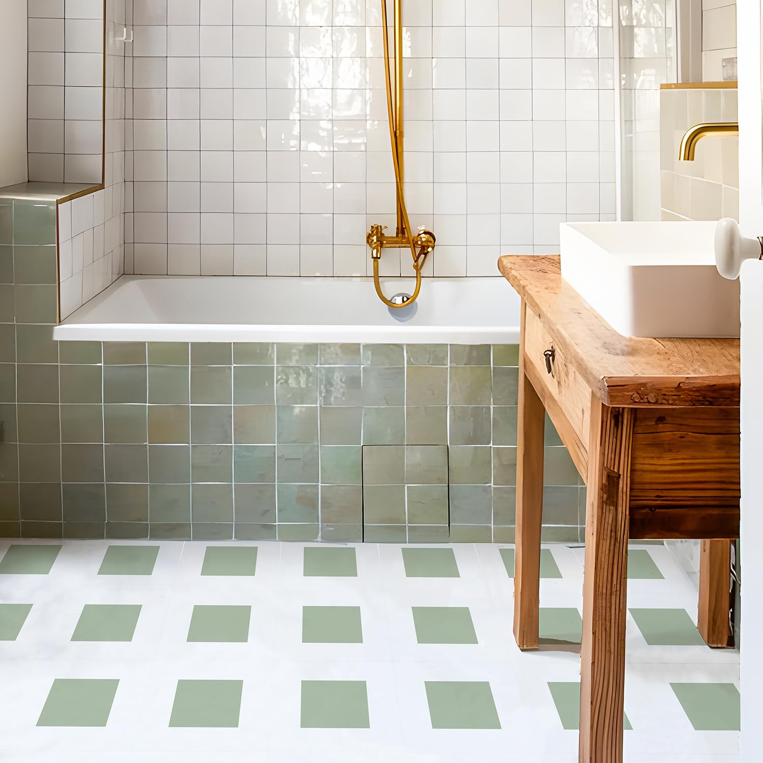 Alwayspon Peel and Stick Vinyl Floor Tiles 12"x12" 24Pcs, Self-Adhesive Flooring Sticker for Kithchen Bathroom Dinning Room Bedroom Home Decor DIY, White and Green Square