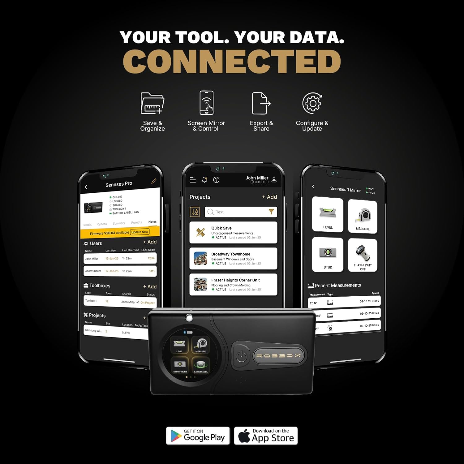 Sennses Pro Device | Dual-Laser Distance Meter | Two-Axis Smart Digital Level | Stud Finder | Precise Measurements w/Smart Features | Dust & Water Resistant IP54 | Robbox App for iOS & Android