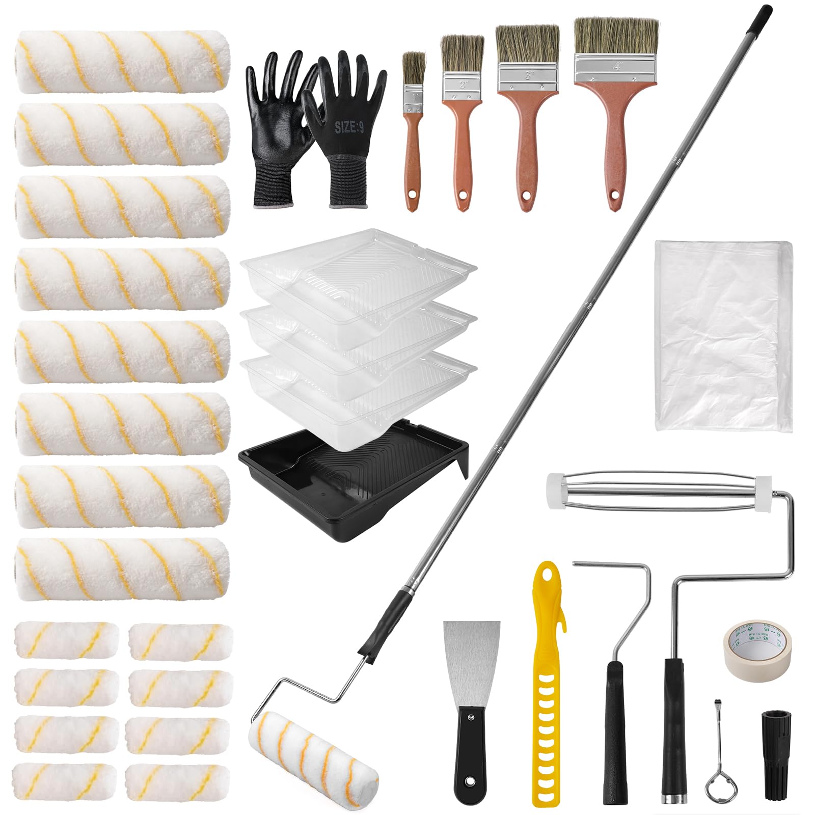 SOUTHGATE 33PCS Paint Roller Set with 4-Section Pole, 9'' Roller Trays, Heavy-Duty Handles, Microfiber Paint Rollers, Brushes, Drop Cloth, House Painting Tools for Walls, Ceilings & Home Renovation