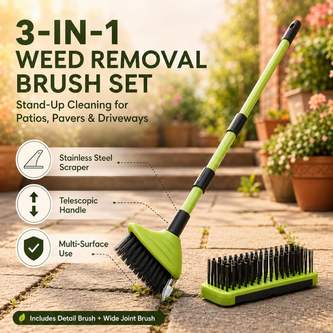 Set Desherbador Cepillo Alambre Rascador Escoba Dos Cabezales 4 en 1 Mango Telescópico Extensible Herramienta Manual Limpieza Baldosa Terraza Borde Jardín Acero Inoxidable (2PCS-Green)