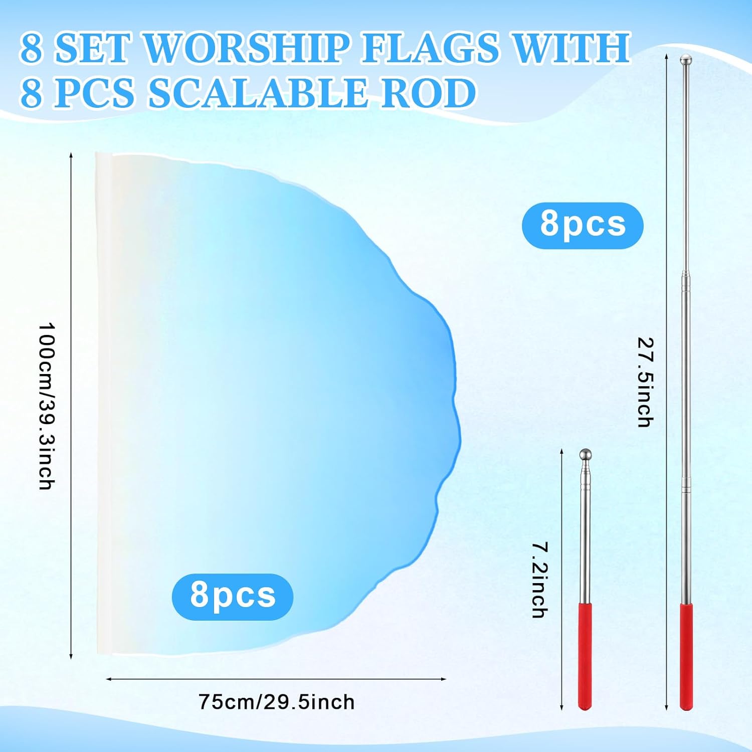 HunnmingRe 8 Set Worship Dance Flags with 8 Pcs Scalable Rod 29.5 x 39.3 Inch Praise Church Flags Semicircle Worship Angel Wing for Girls Adults Practice Performance(Gradient Blue and White)