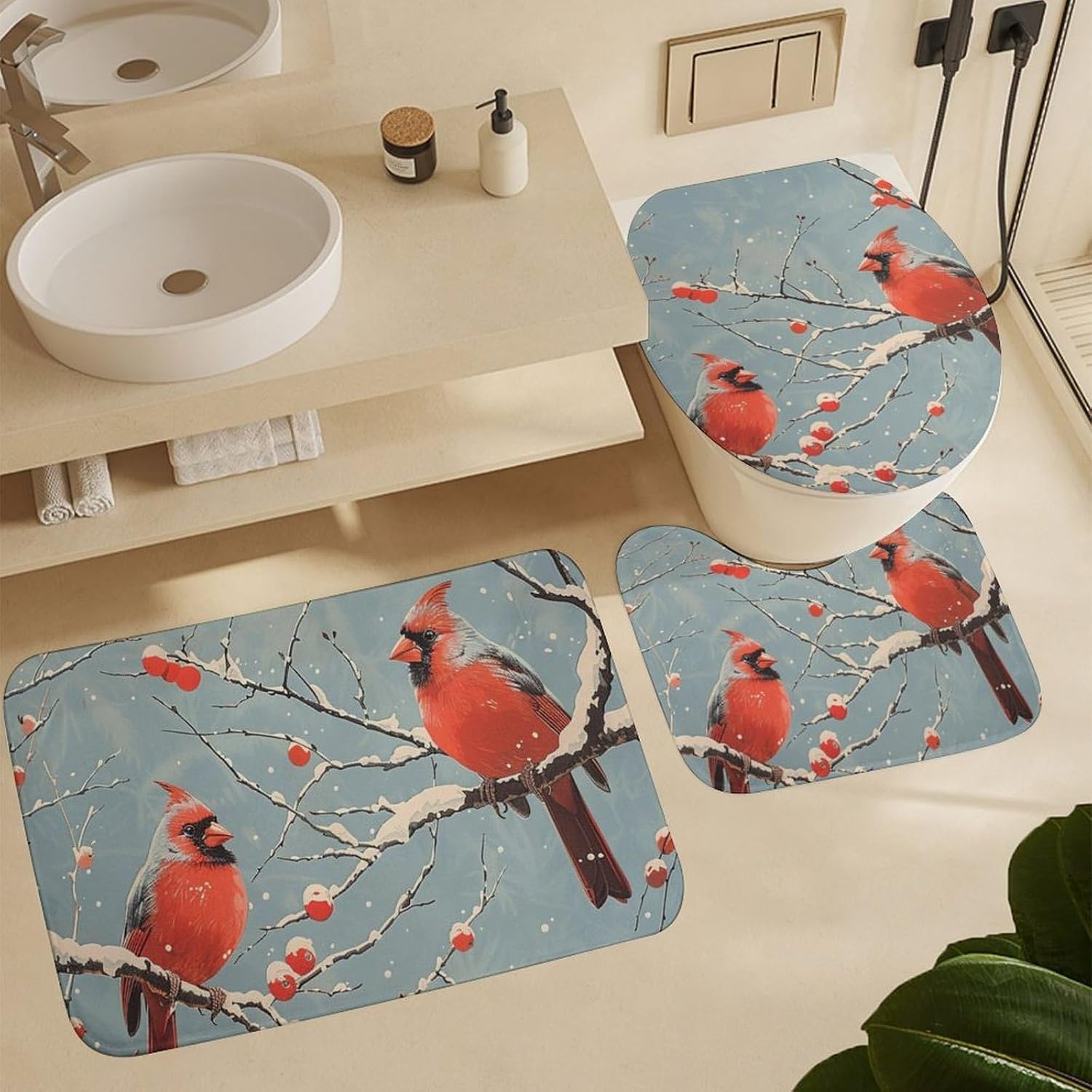 4Pcs Red Birds Shower Curtain Sets, Bath Mat and Rugs, Novelty Winter Tree Branch Shower Curtain with Hooks for Bathroom