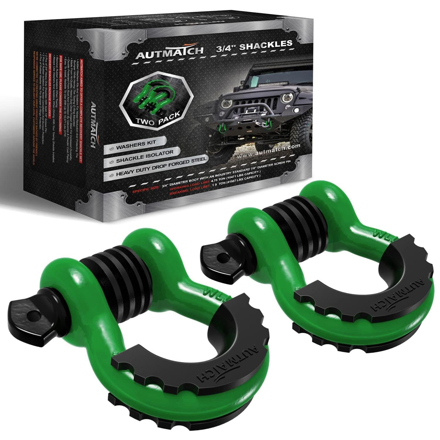 AUTMATCH D-Ring Shackle 3/4" (Set of 2) Approx 19 Ton Break Strength 7/8" Screw Pin Shackle Isolator with Washer Tow Strap Winch Off-Road Vehicle Recovery 3/4" Shackle Dark Green/Black