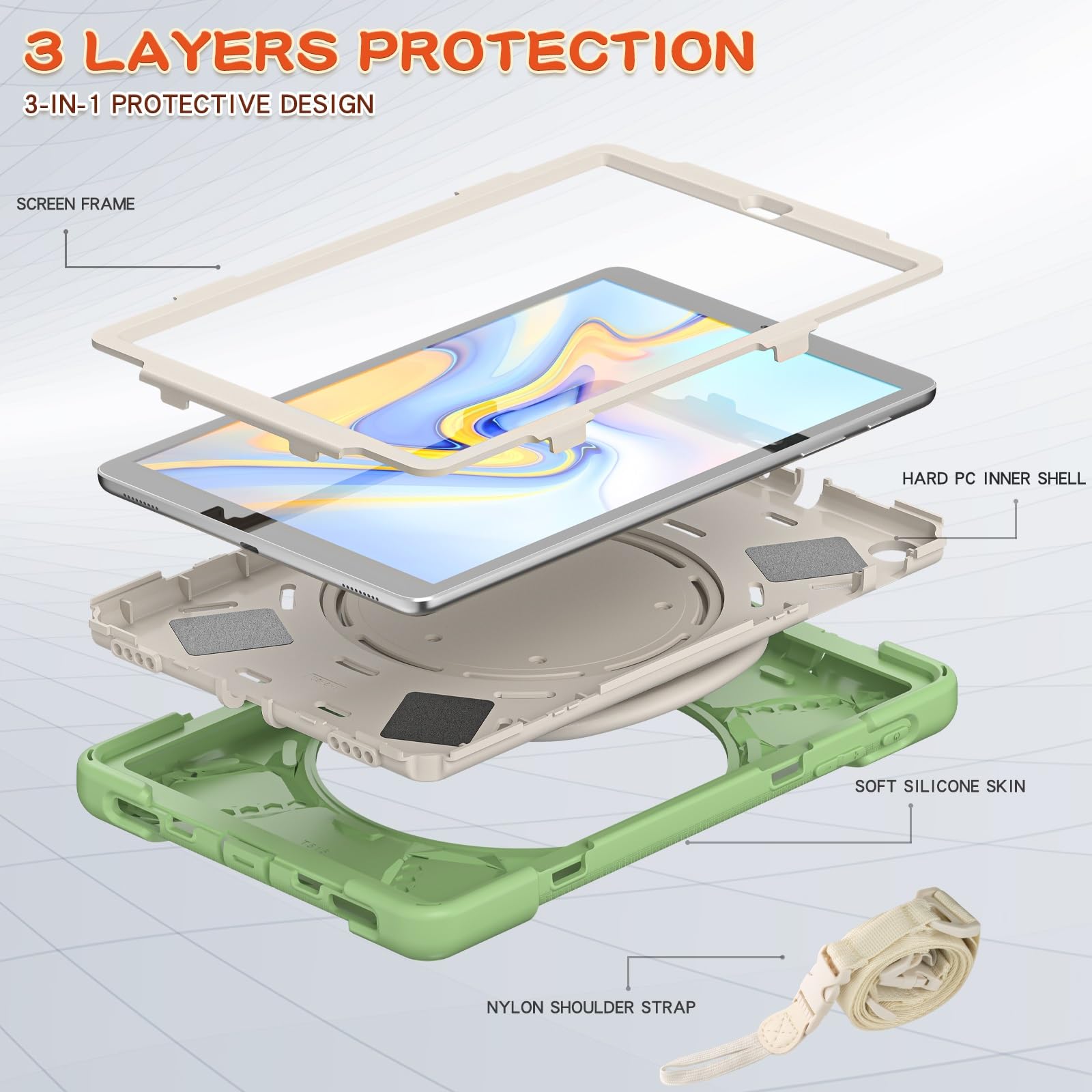 Protección de tabletas Compatible con Samsung Galaxy Tab A 10.1 Funda modelo 2019 (SM-T510/T515), cubierta resistente a prueba de golpes con soporte giratorio 360, correa de mano/hombro Compatible wit
