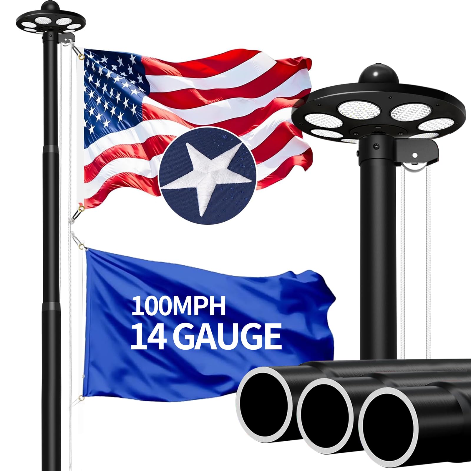 Photo 1 of 20FT Heavy Duty Solar Flag Pole Kit–Tapered Design,2.4" Bottom Tube,100MPH Wind Tested 14 Gauge Flag Pole for Outside House Thick Aluminum Flagpole with 136 LED Light &3x5 American Flag for Yard Black