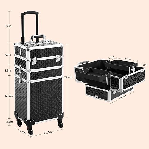 Miniatura 5 de Estuche de maquillaje rodante,Organizadores profesionales de la caja del tren del maquillaje,Gran almacenamiento cosmético caso carro,Estuche de