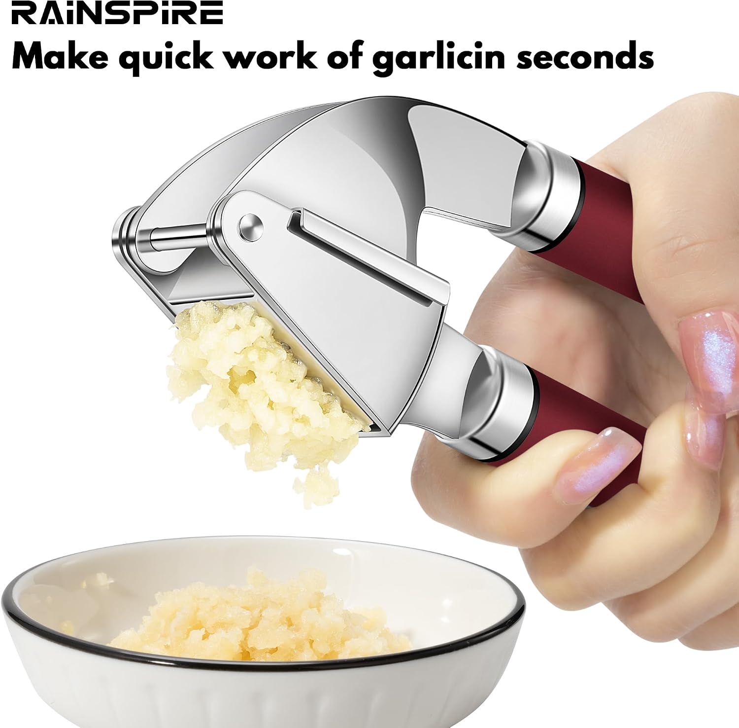 Rainspire Premium Garlic Press Stainless Steel, Garlic Mincer Tool, Garlic Crusher Tool, Garlic Smasher Garlic Masher Includes Silicone Garlic Peeler & Cleaning Brush, Dishwasher Safe (Red)