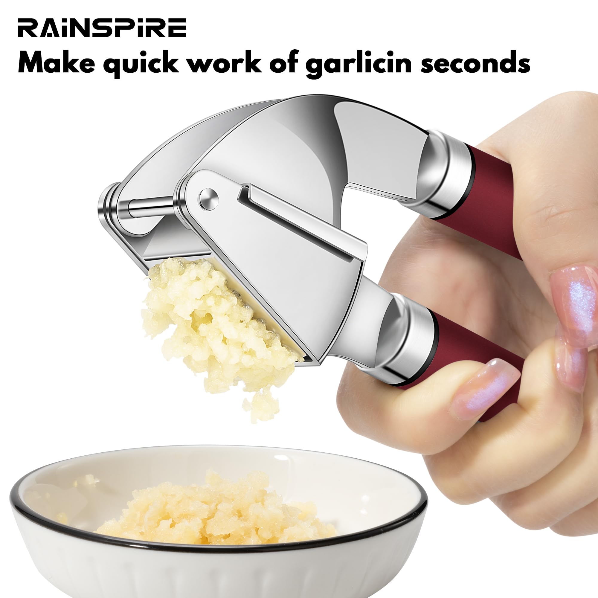 Rainspire Premium Knoblauchpresse Edelstahl, Knoblauchwolf Werkzeug, Knoblauchzerkleinerer Werkzeug, Knoblauchzerkleinerer Knoblauchstampfer Inklusive Silikon Knoblauchschäler & Reinigungsbürste,