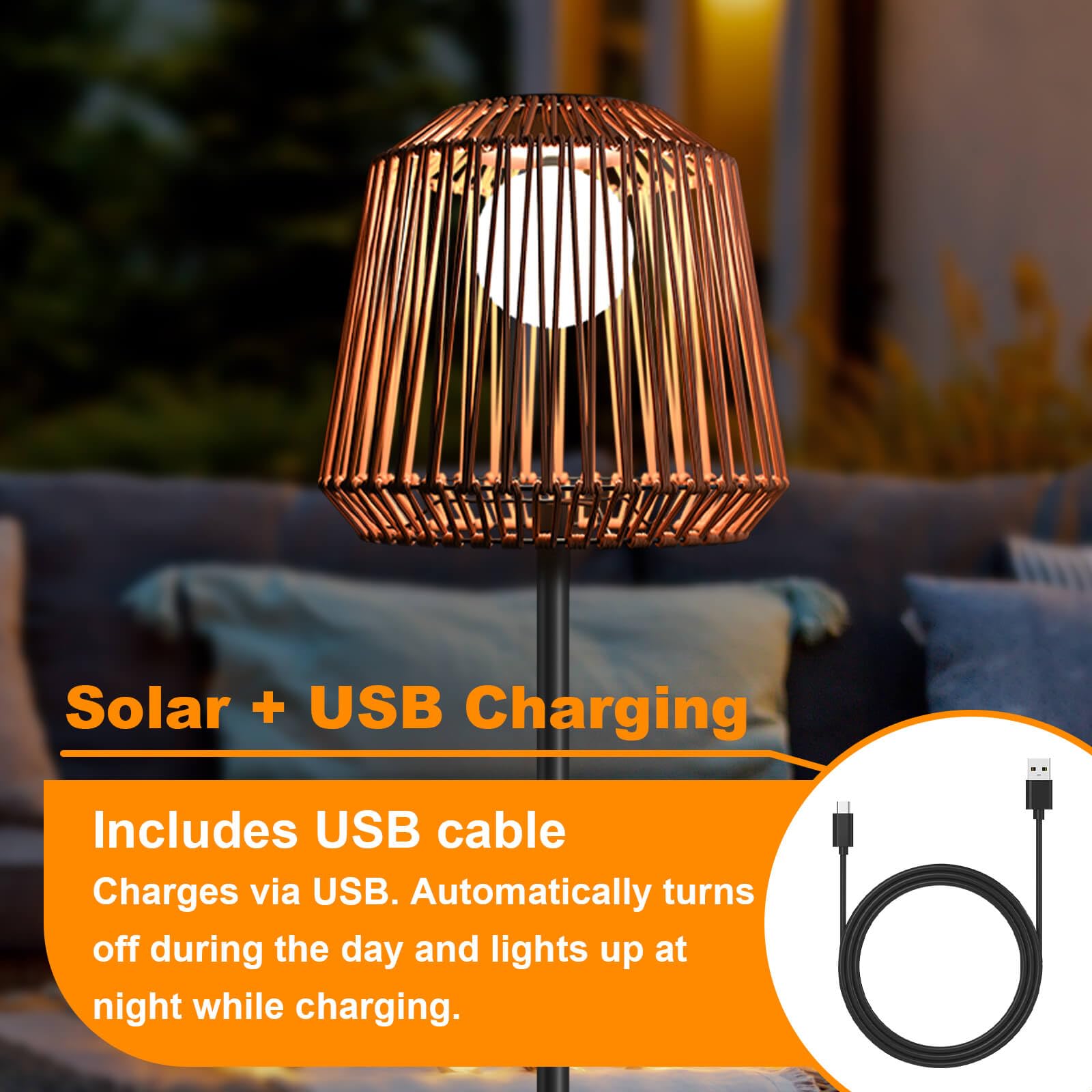 Lámpara solar exterior de ratán con 3 niveles de brillo y carga USB, IP65, resistente al agua, lámpara de pie solar para jardín, terraza y salón (30 × 30 × 155 cm, blanco cálido, encendido