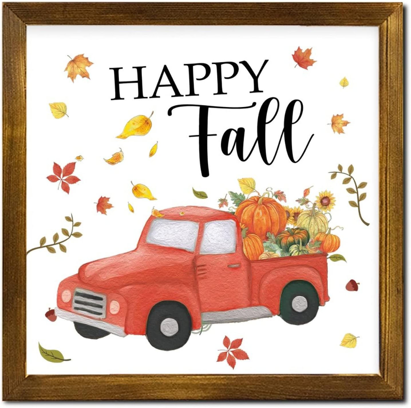 Happy Fall Red Truck Wooden Framed Sign Pumpkin Maple Leaves Sunflower Wood Plank Hanging Sign Rustic Autumn Harvest Wood Hanging Wall Art Decorative for Grandpa Papa Dad Boyfriend Teacher 12x12 inch
