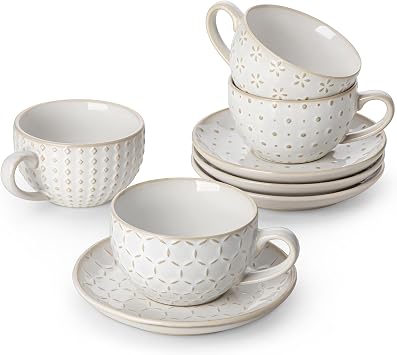 MALACASA 6 OZ Cappuccino Cups with Saucers Set of 4 - Ceramic Stackable Tea Cups and Saucers, Embossment Coffee Mugs for Tea, Latte and Mocha, Dishwasher Safe, Arctic white, LYDIA Series
