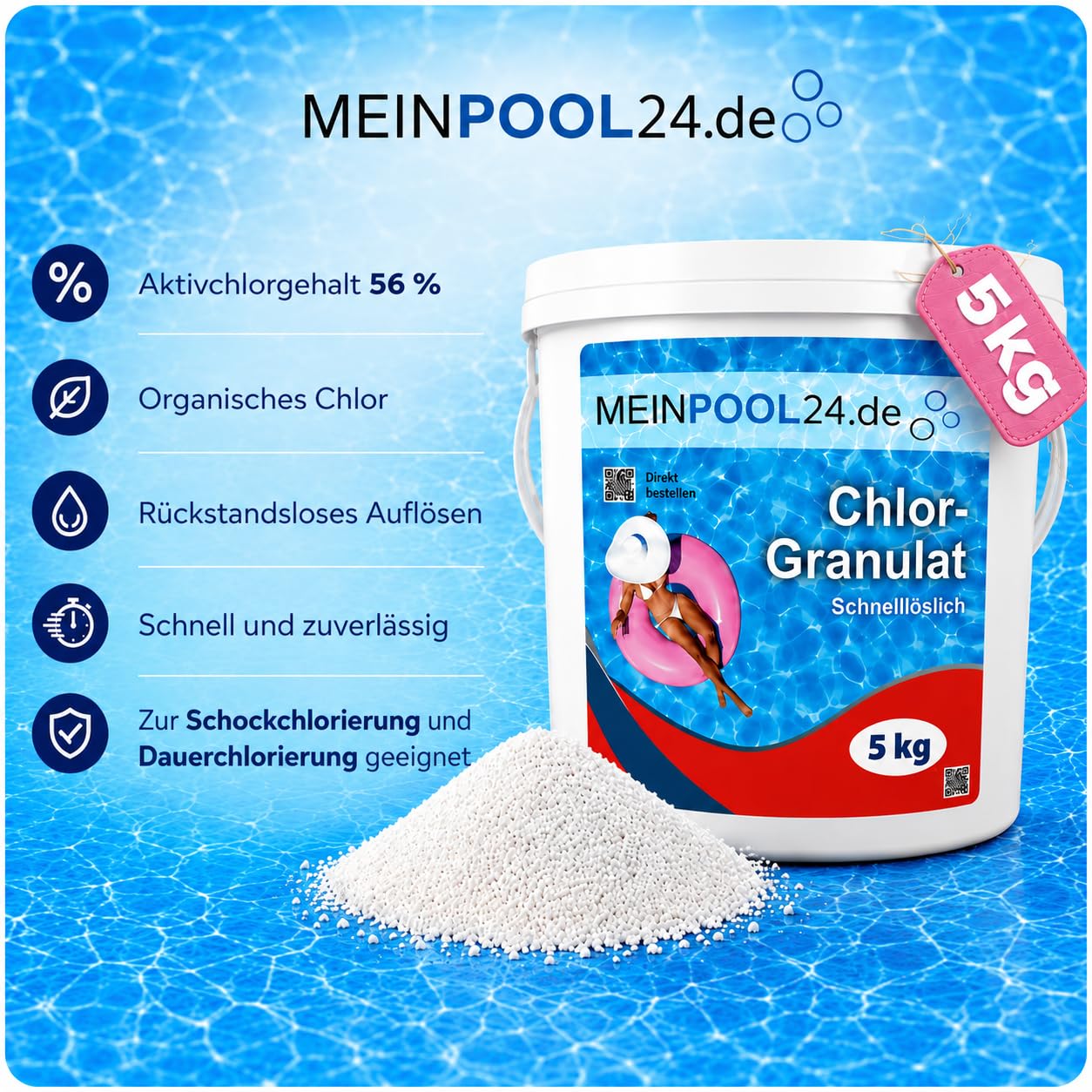 5 kg MEINPOOL24.DE Chlorgranulat schnelllöslich 56% AKTIVCHLOR POOLCHEMIE - Deutsche Markenqualität - Sichere und schnelle Desinfektion - für Pools, Aufstellpools, Whirlpools, Planschbecken