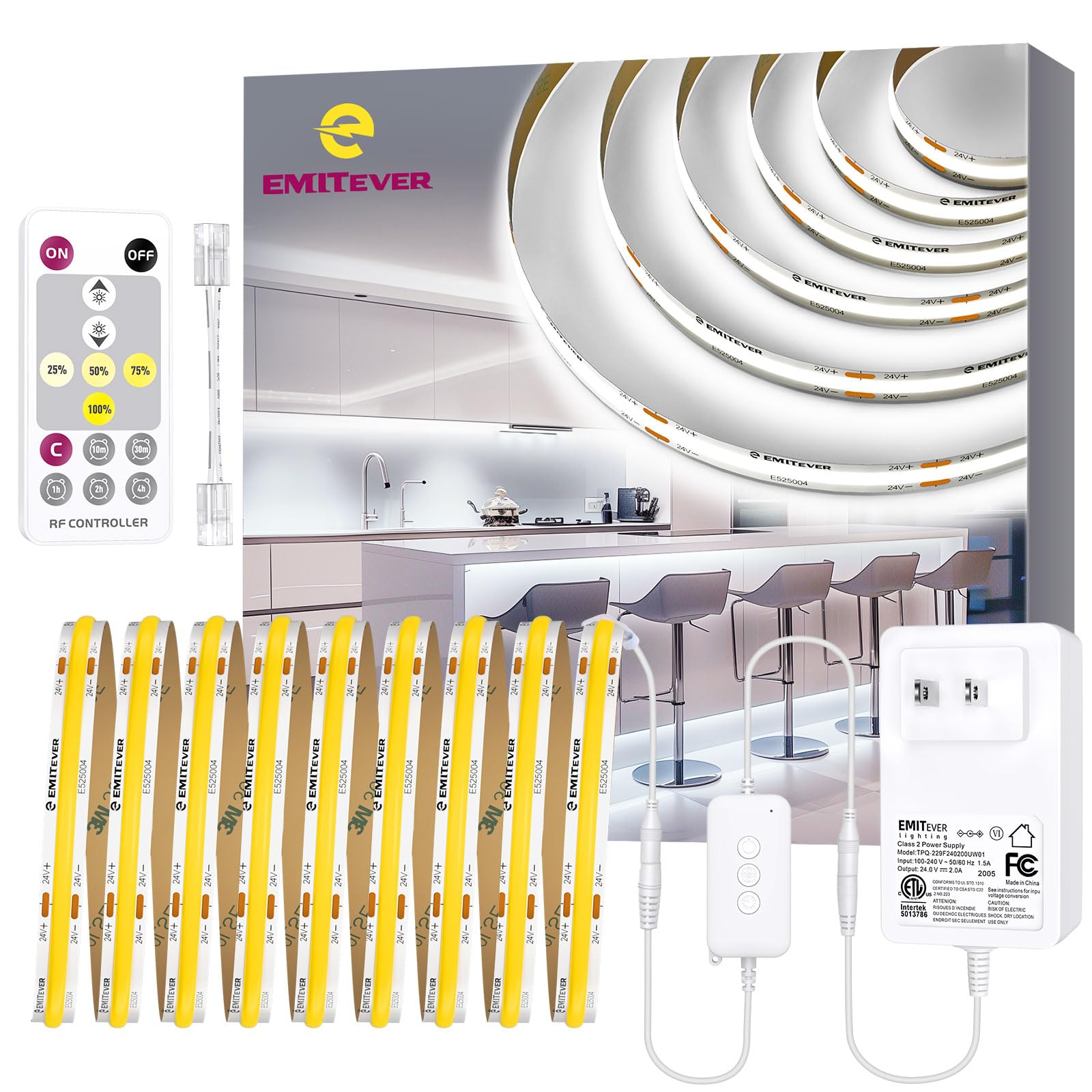 EMITEVER LED Strip Lights Kit 5000K Cool White 16.4FT, DC24V COB Dimmable Tape Lighting for Bedroom & Kitchen Under Cabinets,1400LEDs/Spool,UL Listed