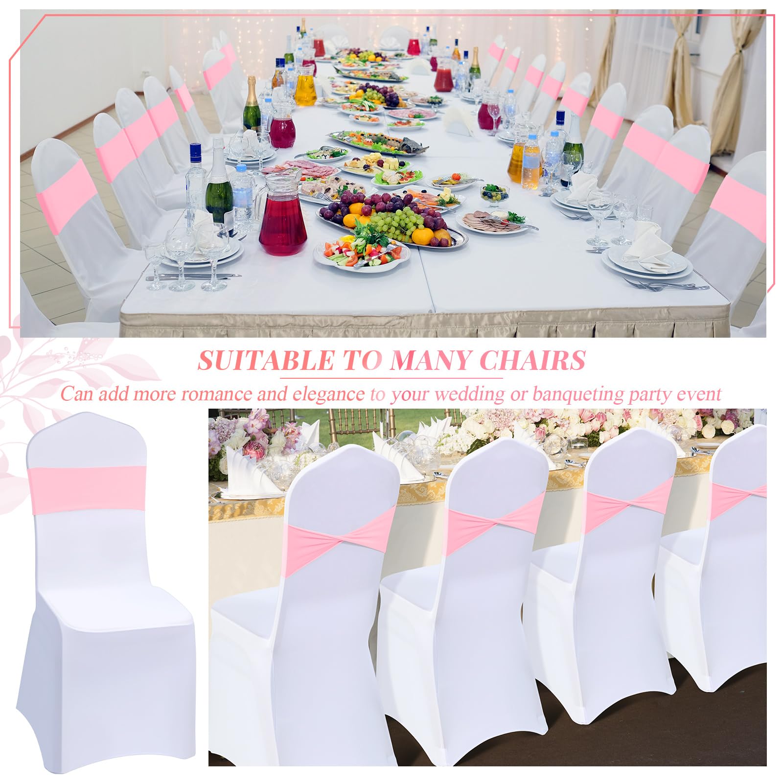 Preboun 50 Sets Wedding Chair Covers with Chair Sashes Spandex Stretch Chair Slipcovers Elastic Chair Cover Bands Ties Without Buckle Bows for Wedding Party Banquet Dining Chair Decor(Pink)