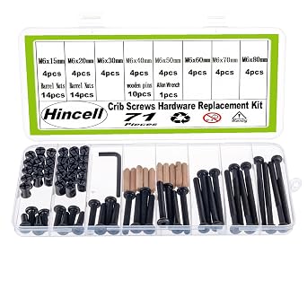 Crib Screws Hardware Replacement Kit - M6x15/20/30/40/50/60/70/80 mm Hex Drive Socket Cap Screws Barrel Nuts,71pcs 8 Size Crib Bolts &Barrel Nuts Replacement kitBlack