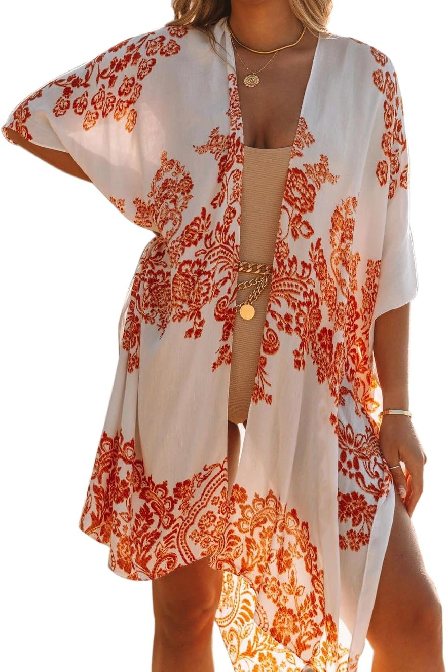 Bestshe Womens Bohemian Kimono Cardigans Fashion Floral Beach Cover Up Casual Loose Swimsuit Cardigan