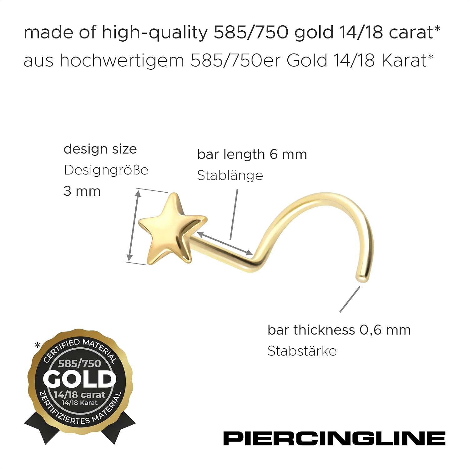 PIERCINGLINE real gold 14/18 carat nose ring spiral | STAR | tiny nose stud nose piercing