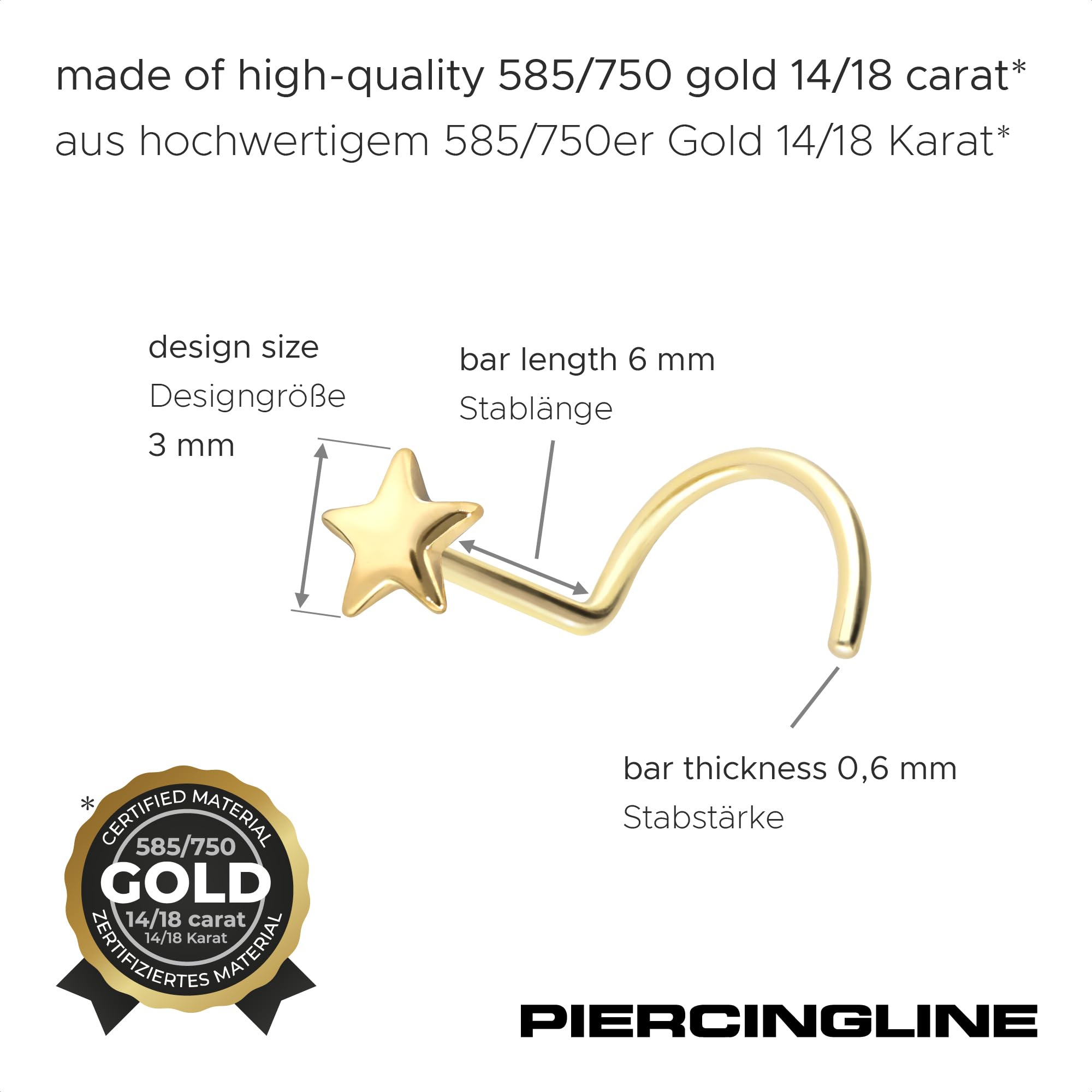 PIERCINGLINE 14 Karat oder 18 K Nasenpiercing Spirale STERN Piercing Nase Stecker Farbauswahl