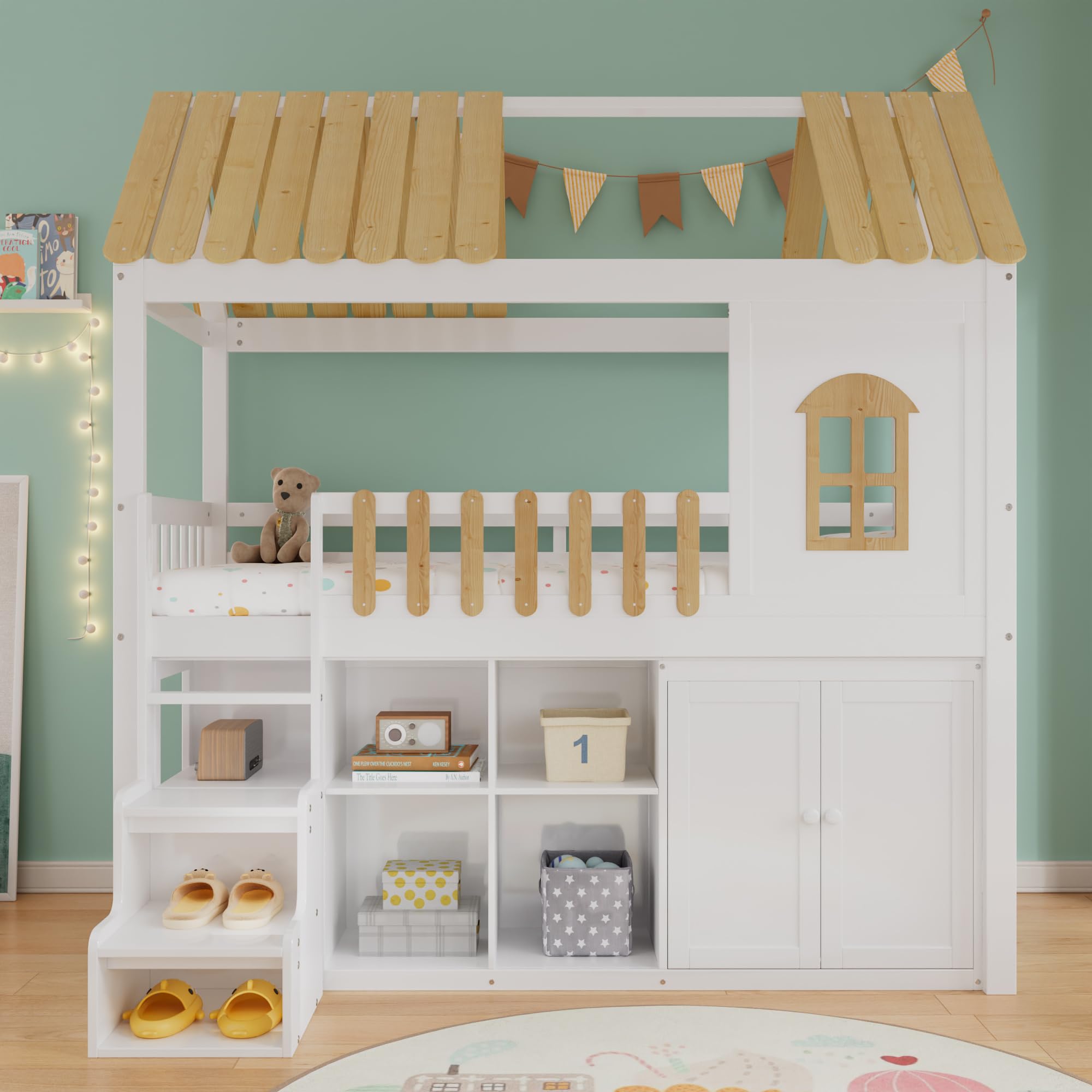 Lcoho Litera, amplio espacio de almacenamiento, cama de madera, con armario, con ventana, marco de pino, con zapatero, escalones seguros, diseño minimalista, barandilla estable, color blanco y natural