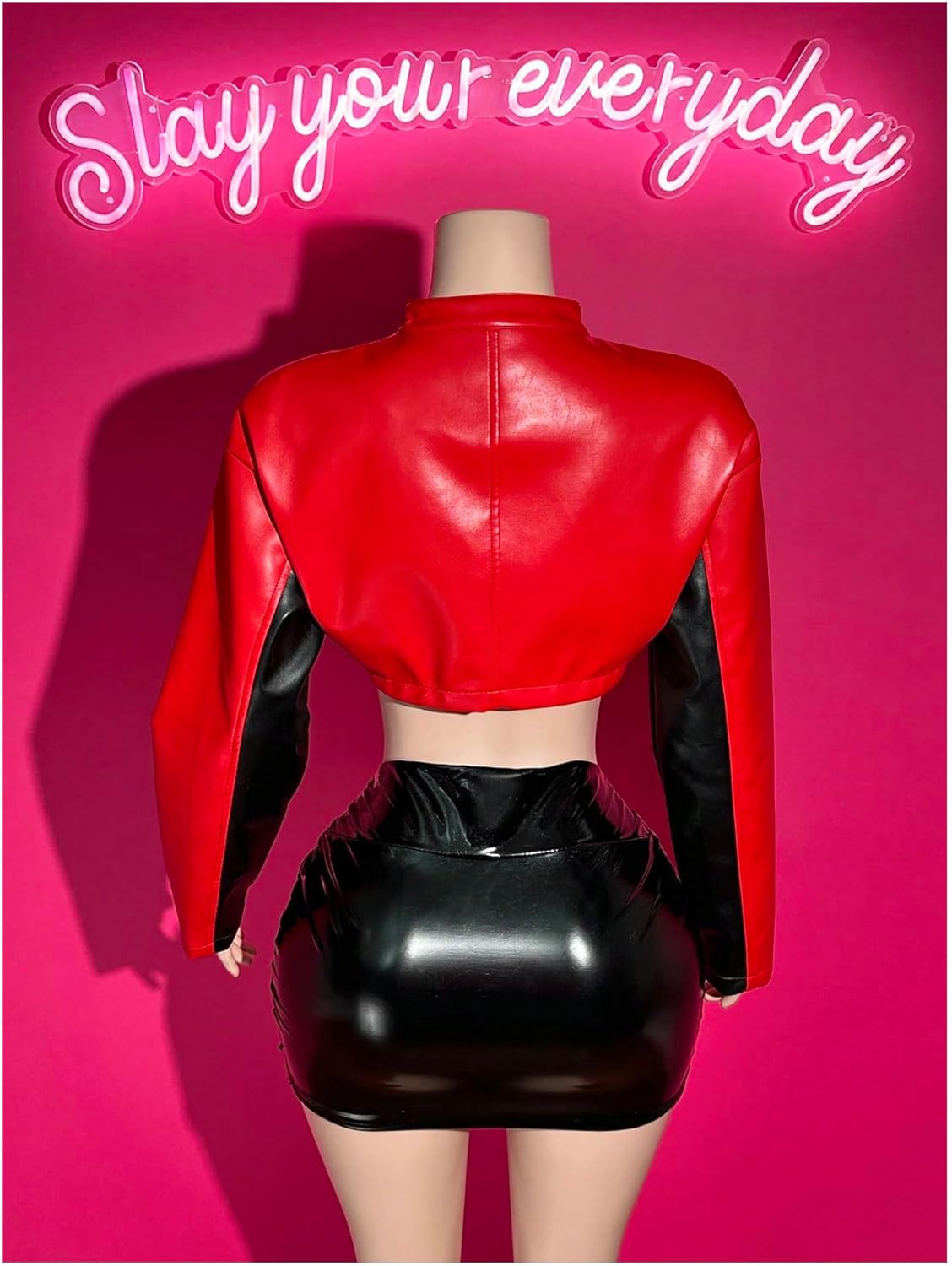 GORGLITTER Women's PU Leather Cropped Jacket F1 Racer Varsity Jacket Zip Up Color Block Graphic Motorcycle Biker Coats - Image 2