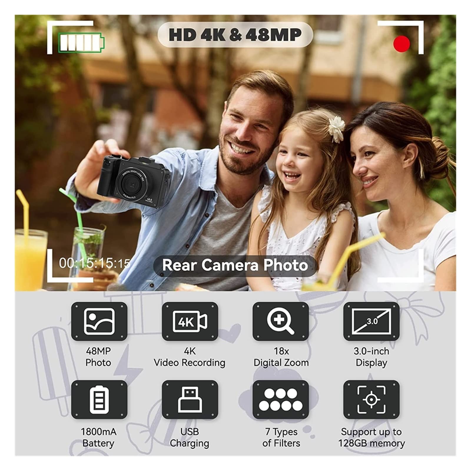 Caméra vidéo Caméscope Caméras Photo numériques grand Angle 48MP bricolage cadre avant arrière double objectif Selfie caméscope for la photographie 18X 4K caméra vidéo(With 128G TF Card,With Wide)
