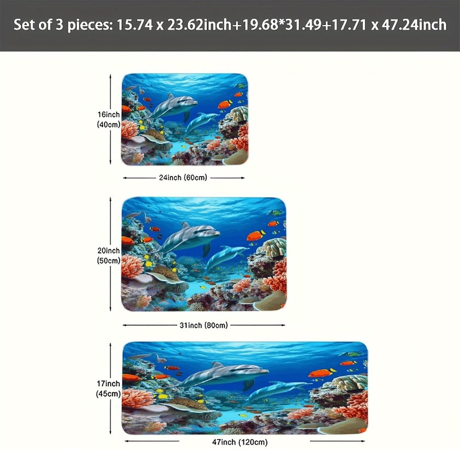 Seabed Coral Fish Dolphins Kitchen Rugs Sets of 3 Washable Non Slip Kitchen Rug Water Resistant Carpet Piece Anti Fatigue Kitchen Mats Soft Comfort Standing Mat Modern Area Rug