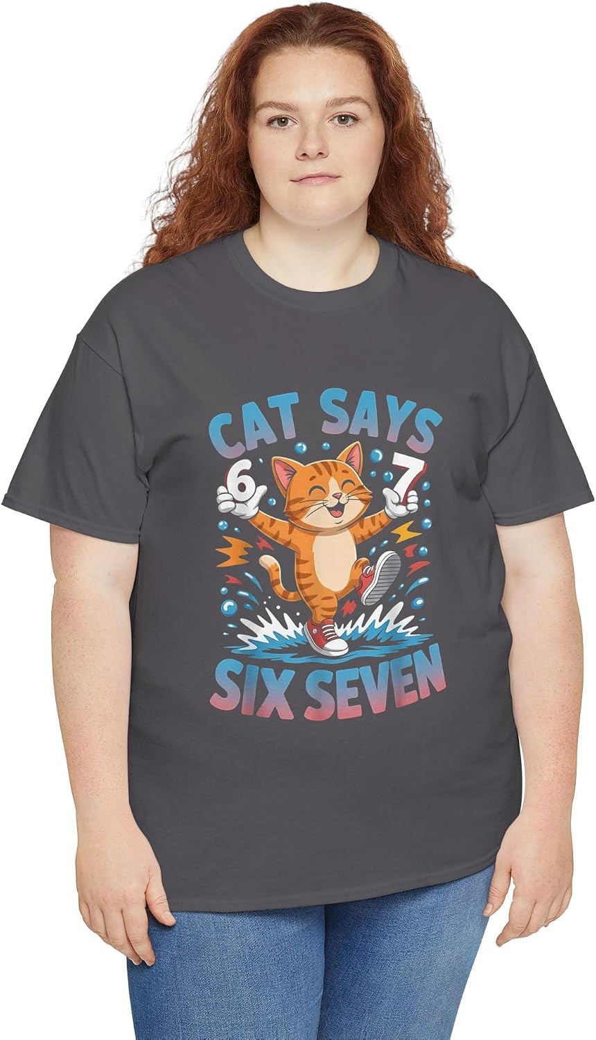 Funny Cat Says Six Seven 6 7 Meme Graphic | Gen Z Viral Trend Humor | Funny Student Teacher Gen Alpha Apparel Charcoal image 2