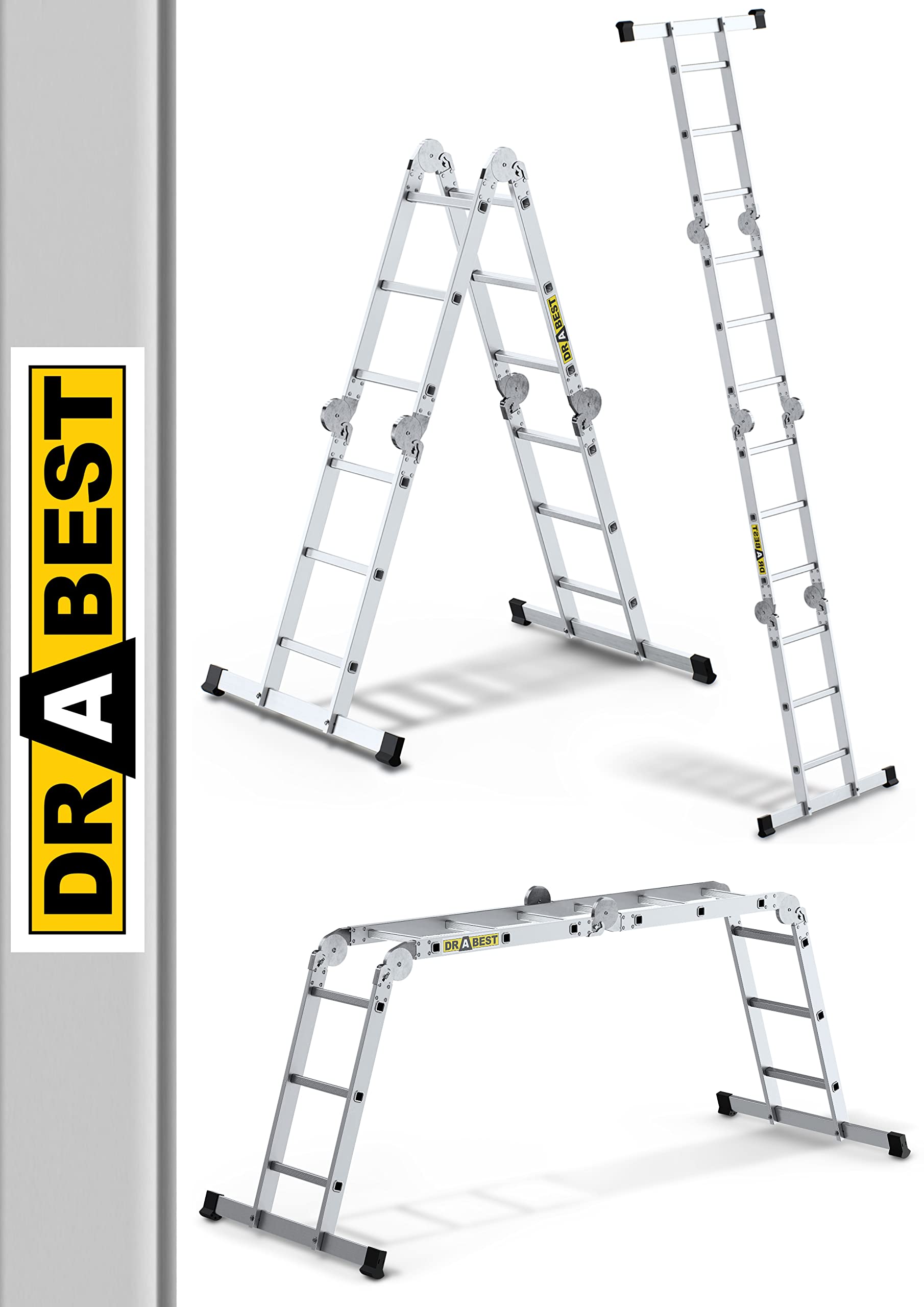 DRABEST BASIC Aluminiowa drabina robocza 4x3 – Szerokie spektrum zastosowań – Lekka aluminiowa konstrukcja – Szybkie składanie i rozkładanie – Udźwig 150 kg