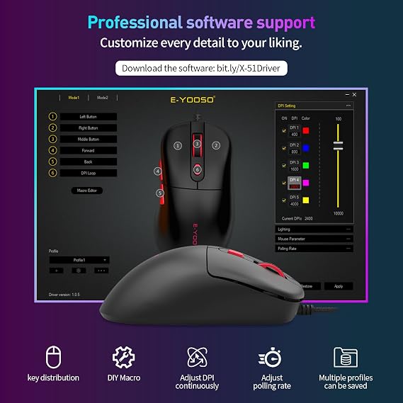 E-YOOSO Computer Mouse Wired, Gaming Mouse 10000 DPI, 1000HZ, Superlight Mouse Ergonomic Work Wired Mouse for Laptop and PC/Mac - Black