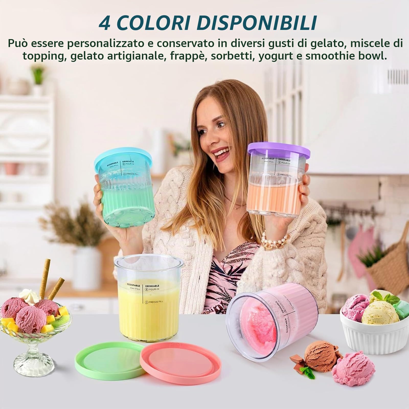 Contenitori per Gelato,4 Pezzi Accessori Gelatiera Serie 680ML,Contenitore Creami per Macchina da Gelato Ninja Creami,Contenitori per Gelato con Coperchio,per Serie NC501 NC500,Senza BPA