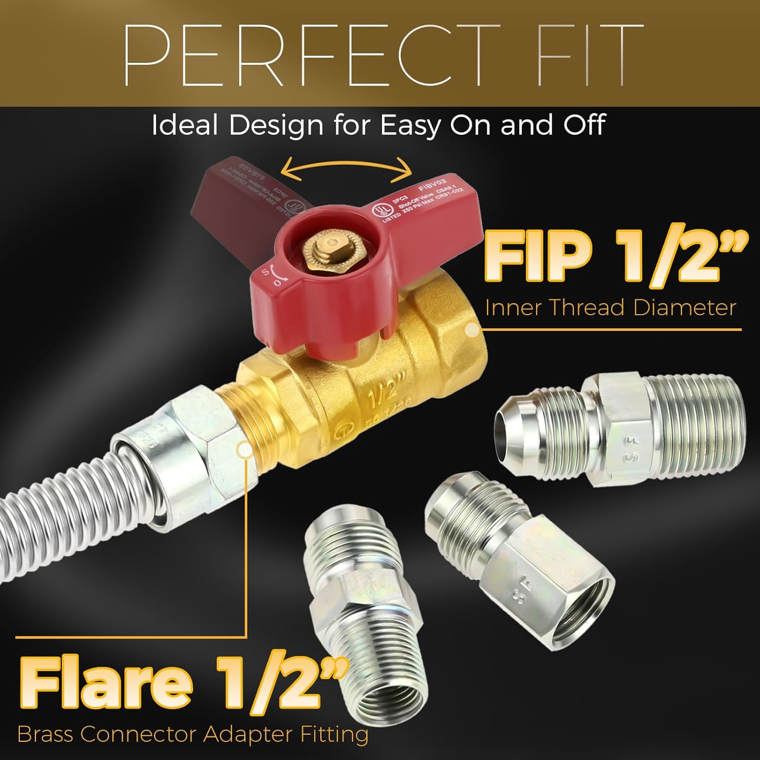 22" Stainless Steel Flexible Natural & Propane Gas Connector, One Stop Gas Appliance Hook Up Kit with 1/2" Brass Gas Shut On/Off Valve & 3 Different Couplings