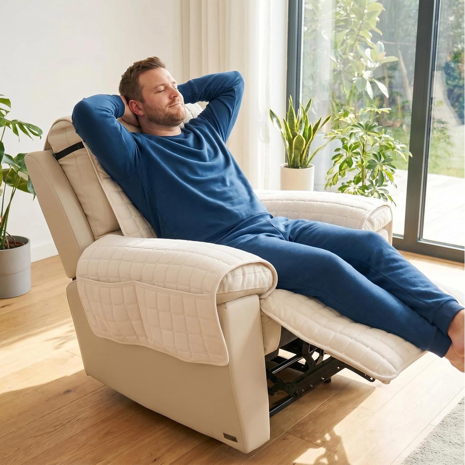 Sesselschoner für Relaxsessel 53x190 cm mit Taschen, Sesselüberwurf Anti-Rutsch mit Armlehne, Fernsehsessel Schutzbezug mit Aufbewahrungstaschen für Haustiere & Kinder
