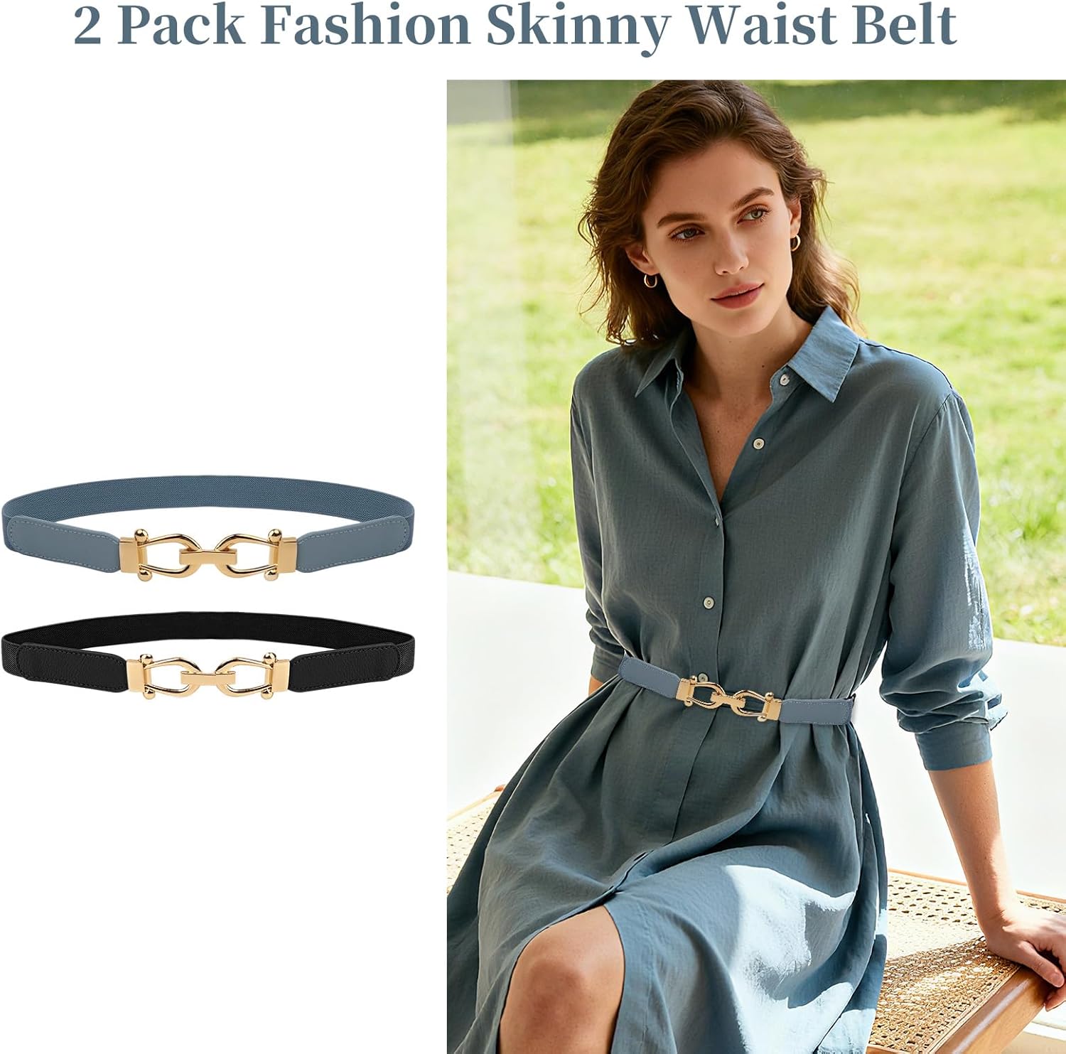 Women Stretchy Thin Waist Belt, Retro Elastic Skinny Belt with Gold Buckle for Ladies, Perfect for Dresses & Shirts, 2 Pack - Image 7